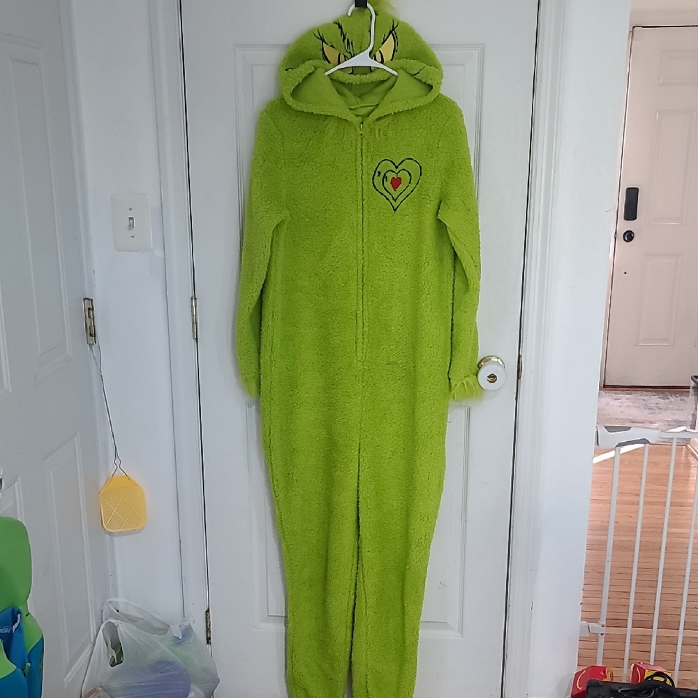Grinch Fleece Hooded Onesie with Heart Design